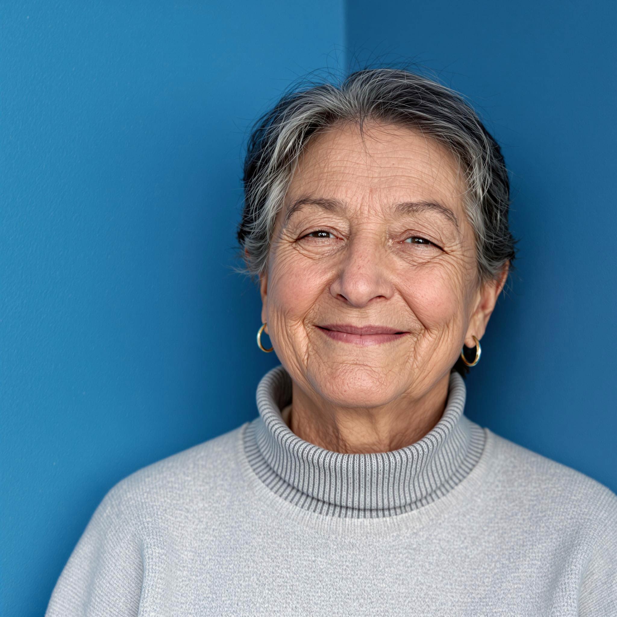 Seniorin vor blauem Hintergrund