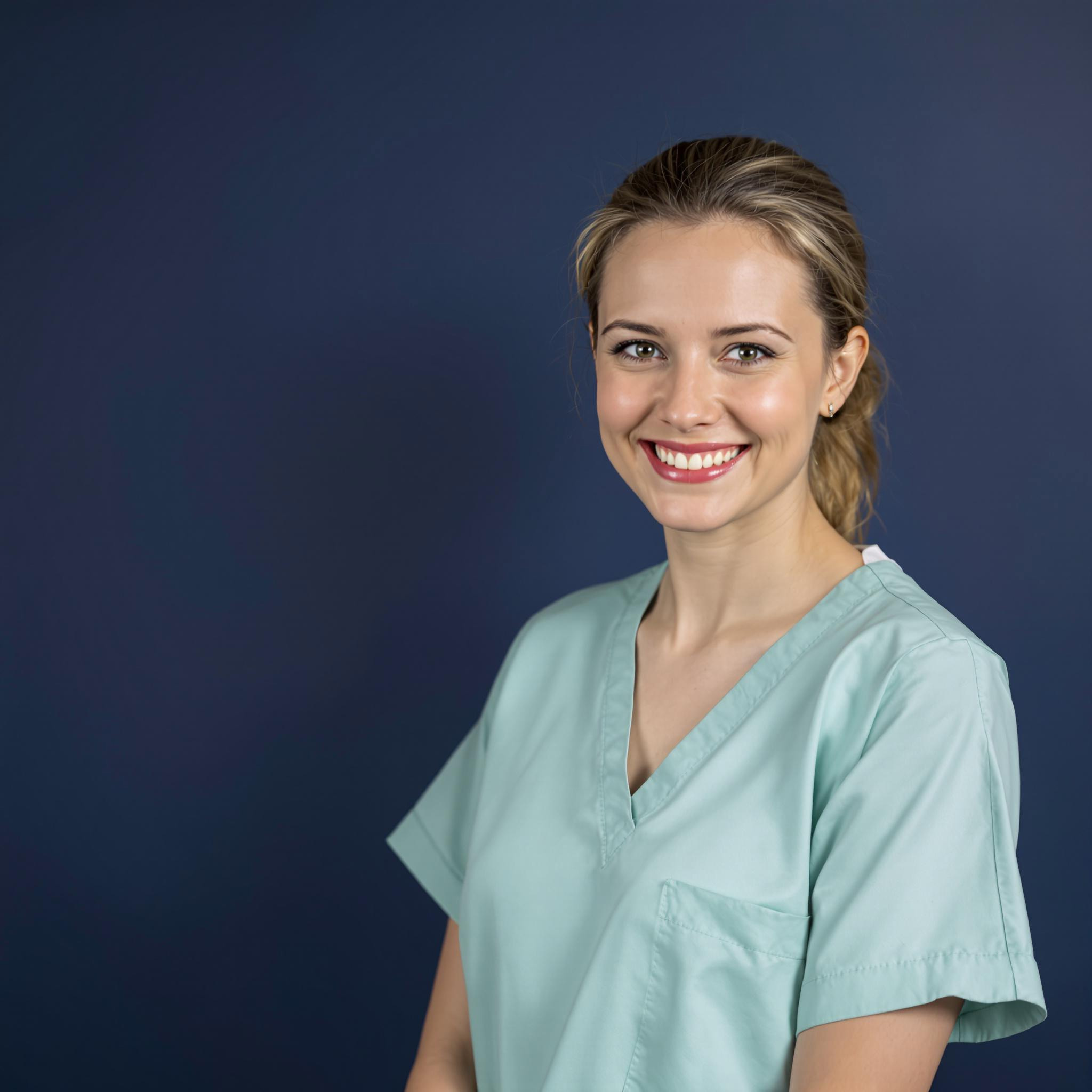 Pflegekraft in hellblauer Arbeitskleidung